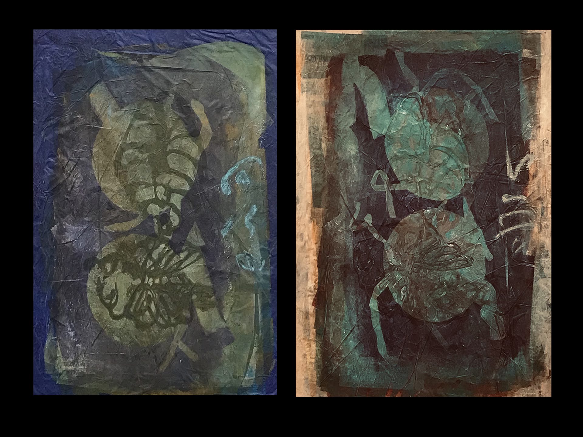Ribs Diptych - Monoprint collage, cold wax on canvas -18" X 24"