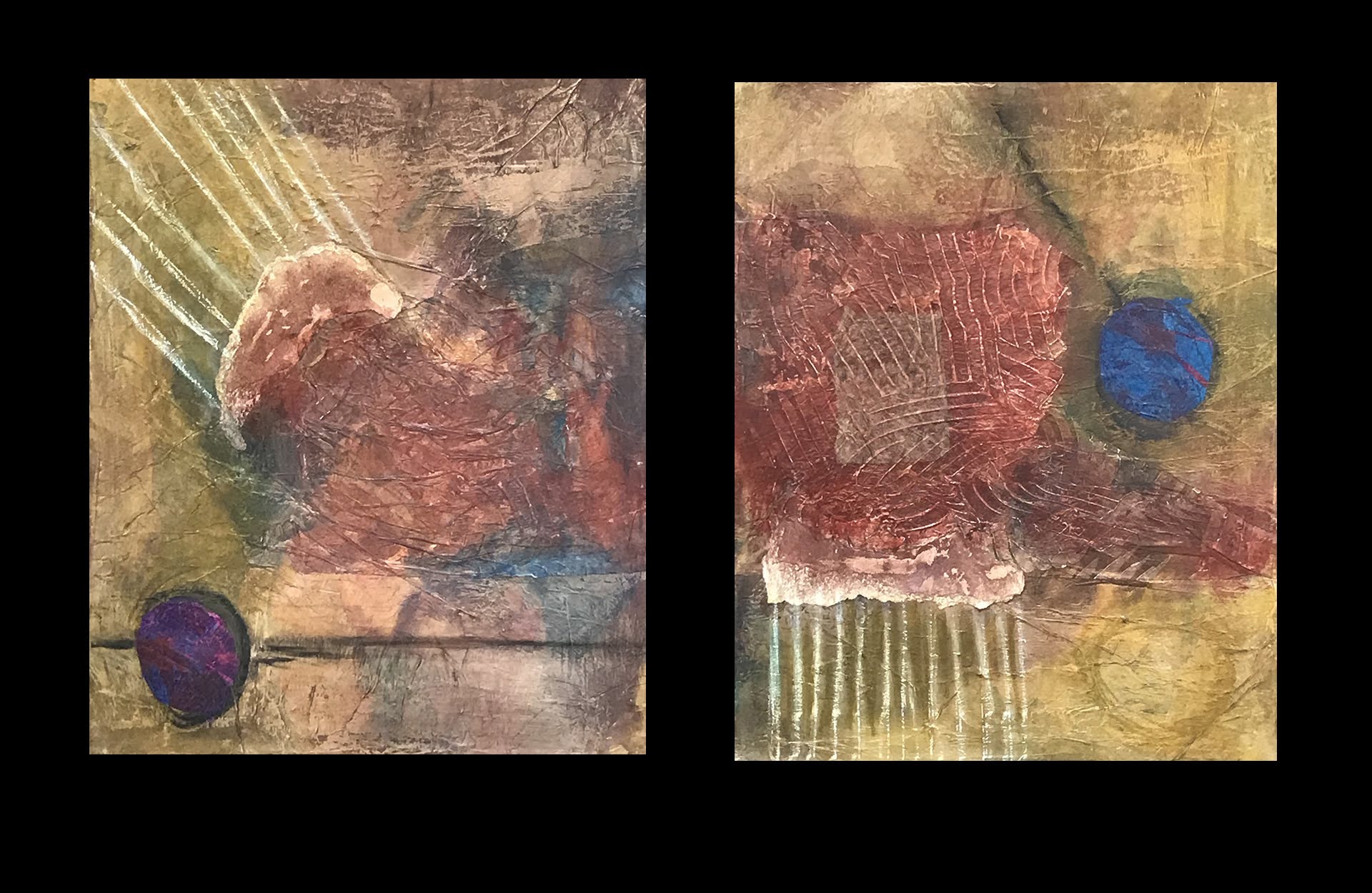 Ball Diptych - Collaged Markings on canvas 18” X 20"